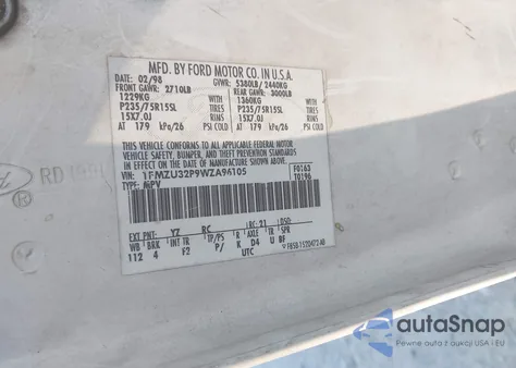 1998 Ford Explorer Eddie Bauer/Limited/Xlt z USA, uszkodzony, nr VIN 1FMZU32P9WZA96105